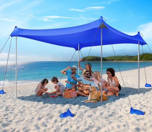 Rhino Valley 3x3 M Tenda da Spiaggia Ultra Stabile Portatile per 6-8 Persone, Protezione UV UPF50+ Tenda da Mare Super Antivento con 8 Sacchi di Sabbia Riempibili e 4 Aste in Alluminio, Blu Scuro