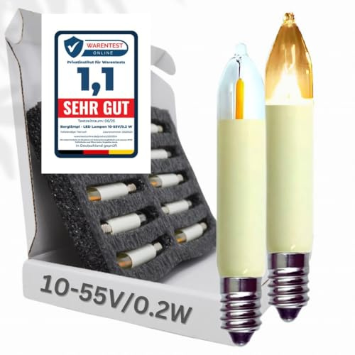 BERGLäMPL LED Schaftkerzen E10 0,2W 10–55V warmweiß Ersatz für 3W Glühlampen LED-Filament Multirange für Schwibbogen, Lichterbogen, Lichterketten, Weihnachtsbeleuchtung | 65mm | energiesparend