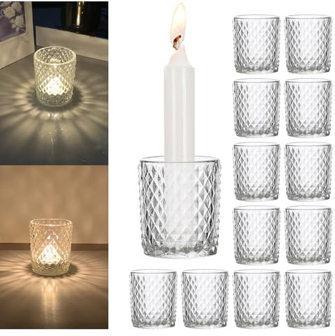 YBCPACK 90ml Glass Tea Light Candle Holders Set of 12, Clear Votive Candle Holder for Table Decorations, 5.5x 6.5cm Check Pattern Tealight Holder for Wedding, Birthday Party, Festivals