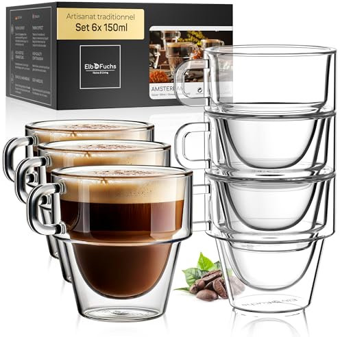 ElbFuchs® Tasses à espresso 6x150 ml empilables | Verres à café double paroi avec anse | Tasses thermiques en verre idéales pour moka et espresso