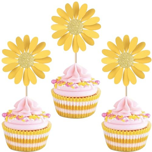 Rsstarxi Lot de 24 décorations de cupcakes jaunes à paillettes pour fête prénatale, mariage, fête d'anniversaire, fleurs sauvages, chrysanthème, camomille