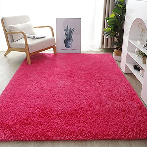 CHEMYO Superweicher, moderner, pelziger, rosaroter Teppich für Wohnzimmer und Schlafzimmer, 200 x 300 cm, Flauschiger Zottelteppich für Kinder, Mädchen und Jungen, Langer Fellteppich für den Innenb