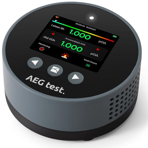 AEGTEST HOUND-1085 Tragbarer Radondetektor, langfristige Radonüberwachung für Zuhause, akustische und visuelle Alarme, wiederaufladbar, TFT-Farb-LCD-Bildschirm, pCi/L oder Bq/m³, Blau