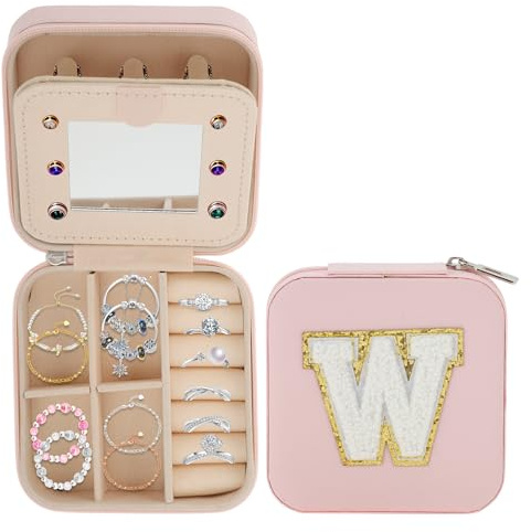 CAPASTEC Smyckeslåda, smyckesförvaring med spegel, bokstav W resesmyckeslåda, smyckesorganisatorer för halsband, örhängen, ring, rosa