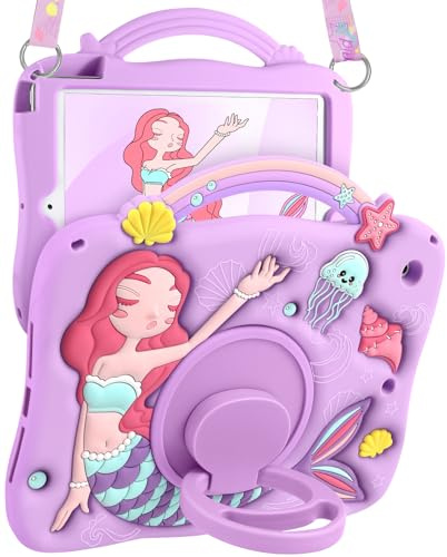 SurgeCraft for iPad 9th Generation Case 10.2 Inch - for iPad 7th/8th/9th Gen 3D Cute Mermaids Case, Soft Silicone Tablet Cover with Strap & Rotating Stand, Shock Proof Protective Shell for Girls Kids