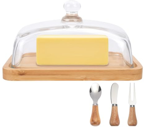Mulaibdin Glass Butter Dish with Wooden Lid, Airtight Butter Keeper with Butter Knife Spoon Fork, Butter Container for Fridge and Table, Cream Cheese Holder Dishes for Kitchen,Gifts (Natural)