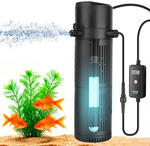 BAITAI Aquarium Innenfilter mit UV-Sterilisator & Timer, Leistungsstarke 5-in-1 Filterpumpe mit Belüftung & Regendusche, 1200 L/H, Leise, für Süß- & Meerwasser, geeignet für 120–400L Aquarien