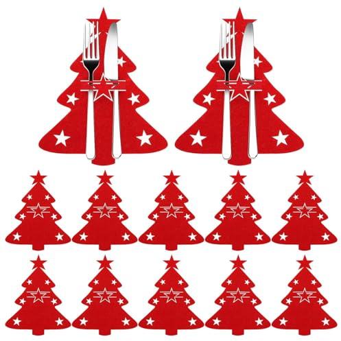 Ovanda 10 Stück Weihnachtsbaum Besteckhalter,Besteckhalter Weihnachten Filz,Weihnachten Tischdeko,Rot Weihnachts Messer Gabeln Löffel Geschirr Taschen,Weihnachtsbaum Tischdeko,Tannenbaum Besteckbeutel