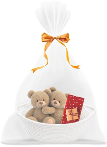 FRUHLING Cesta de regalo vacía trenzada, cesta de regalo con bolsas de celofán y lazo, cesta de almacenamiento de cuerda de algodón trenzada para baby shower, cumpleaños, bodas, festivales (blanco)