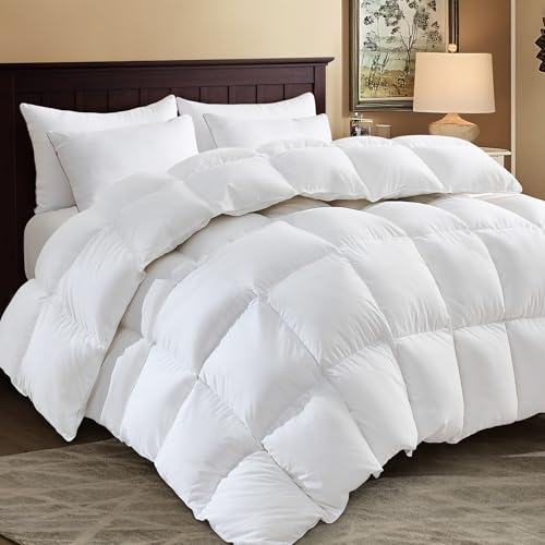 SHOUREN White Luxurious Goose Feather Down Fiber Comforter, All Season Hotel Collection Bed Comforter，Ultra Soft 100% Cotton Duvet Insert with Corner Tabs, Queen Size 90X90