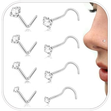 Sweetkiki 20G Gold Nose Ring Stud For Women Men 8PCS Hypoallergenic Surgical Steel Corkscrew Nose Stud CZ 1.5/2/2.5/3mm Silver Nose Studs L Shape Small Thin Nose Stud Nostril Piercing Jewelry Sets