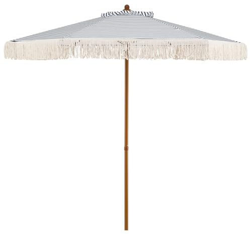 COSTWAY Parasol de Jardin Exterieur à Franges 210 cm, Parasol Balcon Bohème, Toile Ventilé en Polyester, 6 Baleines, Mât en Aluminium Grain de Bois, pour Plage Jardin Terrasse (Rayé Bleu-Blanc)