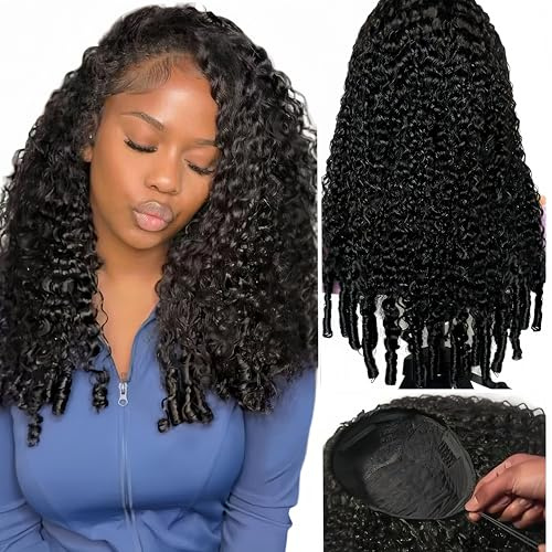 Half Wig Human Hair Burmese Curly Wear and Go Limfri Människohår med Spiraltoppar 3 I 1 Sömlös Flip Headband Wig 180% Densitet Hairline Nybörjarvänlig Naturlig Svart 18 Tum