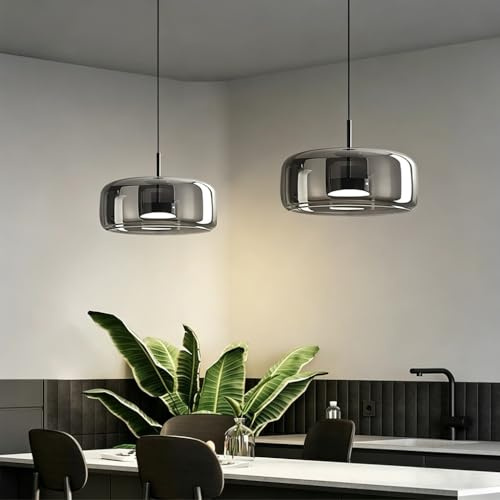 AHQX Moderne Minimalistische Glas Pendelleuchte LED Hängelampe Dimmbare Esstischlampe Höhenverstellbar Innenbeleuchtung Für Restaurant Kücheninsel Bartresen Schlafzimmer(Smoky grey,Style B33cm)
