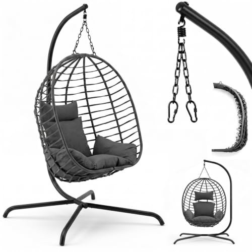 Sekey XXL Hängesessel mit Gestell, 93 cm Breiter Hängekorb mit Dickem Kissen (2 kg), bis 150 kg, Faltbarer Sitzkorb, 2-Punkt-Aufhängung & Kippsichere X-Basis, für In- & Outdoor, Balkon, Garten