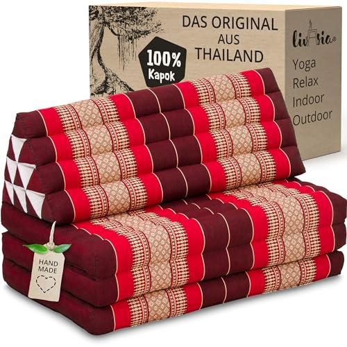 livasia Thaikissen 3 Auflagen für Paare XXL - 190x80x8cm - Dreieckskissen Klappmatratze, extrabreit Kapok, Rückenkissen faltbar, Thaimatte zum Klappen, Meditationskissen (Rubinrot)