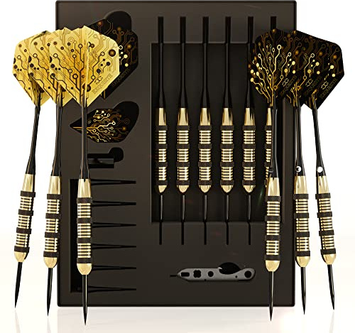 CC-Exquisite Premium Steel Tip Darts Set - Professional Darts, Brass Barrels, Metal Tip Darts, Extra Flights, (12) Aluminum Shafts 35/48, O-Rings, Dart Tool, Dart Sharpener, Darts Case