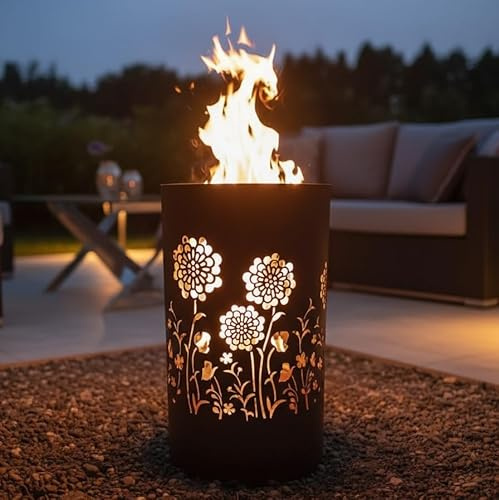 TiKo-Design® Feuertonne Feuerkorb mit Blumen Flower Power Motiv