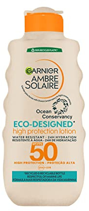 Garnier Ambre Solaire Eco Design Sun Protection Sun Cream Lotion SPF50, High Sun Protection Factor 50, Water Resistant & Non Sticky Sunscreen, UVA & UVB Protection, Recycled & Recyclable Bottle, 200ml