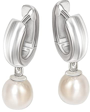 Clever Schmuck Silberne Creolen 21 x 12 mm mit hängender Perle matt schimmernd 925 Sterling Silber im Etui beige