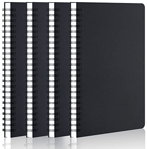 Yarotm Cuaderno con forro en Espiral, 4 unidades 14x21cm cuaderno A5 de escritura de viaje con forro de tapa dura, 100GSM cuaderno de bocetos, libro en espiral rayado, cubierta negra - Libreta A5