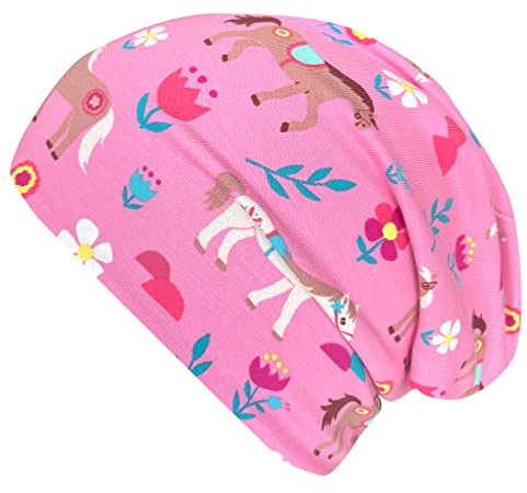 Wollhuhn EKO pojkar/flickor bekväm mjuk lång beanie/mössa/beaniemössa/stickad mössa/barnmössa, jerseyfodrad, övergångsperioder (ekologiska tyger/organiska), Ponny/hästar rosa, 48/50 cm