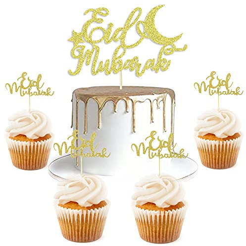 Eid Mubarak Kuchendekoration, Eid Mubarak Dekorationen für Zuhause, goldfarbener Glitzer, Ramadan Kareem Cupcake-Topper, islamische muslimische Party-Dekoration (Eid Mubarak), 21 Stück