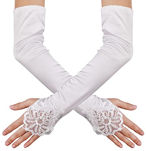 Yolev Lange Damen Satin Hochzeit Brauthandschuhe Weiß - Opernhandschuhe Tanzhandschuhe Party Stretch Handschuhe für 1920er Jahre, Weihnachten & Halloween