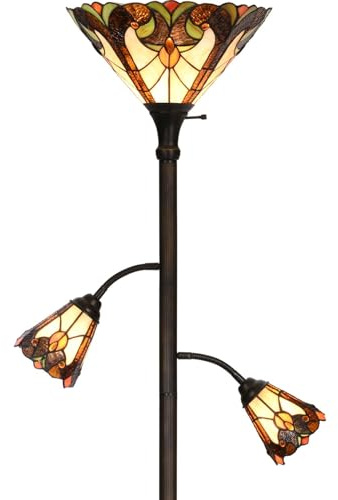Bieye L10839 Baroque Tiffany Style Stained Glass Torchiere Floor Lamp with Sidelights for Reading, 70-inches Tall (Baroque, Brown)