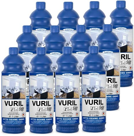 Lorito Vuril Universalreiniger, Allzweckreiniger für Fliesen, 12x 1L | Allzweckreiniger gegen hartnäckigen Schmutz, für Fliesen, Kunststoff, Kacheln, Edelstahl, Holz, Parkett, Laminat, duftend