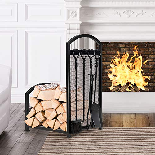 GOPLUS Porte-Bûche avec 4PCS Serviteurs de Cheminée, Pince Brosse Pelle Tisonnier, Range-buches Rangement du Bois pour Extérieur&Intérieur, 43 x 40 x 70 cm