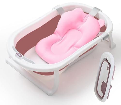 Sobebear Baby Bathtub Foldable Bath Support for Toddlers, New-Born Baby Bathing Combo Set, Plastic Non-Slip, Adjustable Bath Seat Soft Neck Cushion Age 3+ Months (Brown Bath Tub & Pink Cushion)