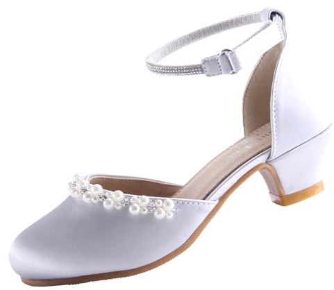 EIGHT KM Scarpe Mary Jane con Tacco Alto da Ragazza Principessa per Matrimonio e Festa EKM7033 Seta Liscia Lucida perlacea Argento Taglia EU 30