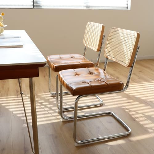 MFFM Rattan Dining Chairs Set of 2, Faux Leather Dining Room Chair with Solid Back and Chrome Legs, Modern Mid Century Designed Chairs for Dining,Living Room,Kitchen Chairs (Leather Brown)