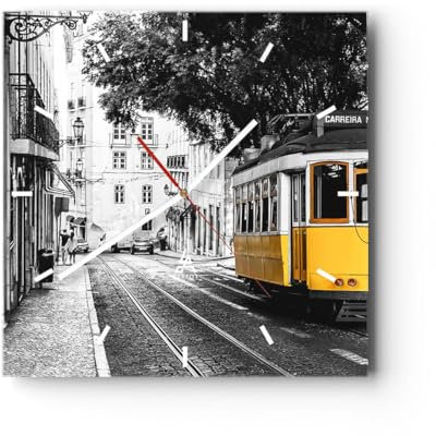 Modern Wanduhr Retro Straßenbahn Die Architektur 40x40cm Quadrat Groß Wand Uhr Glas Analog Zimmeruhren Küche Büro Wohnzimmer Glasuhr Wall Clock Dekoration Design Küchenuhr C3AC40x40-5302