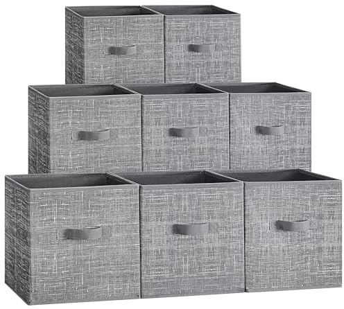 SONGMICS Storage Cubes, 10.2 x 10.2 x 11 Inches Non-Woven Fabric Bins with Double Handles, Set of 8, Closet Organizers for Shelves, Foldable, for Clothes, Cattail Gray UROB826G01