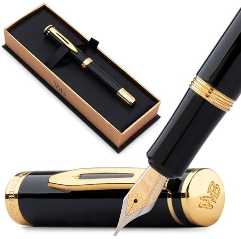 Wordsworth and Black Fountain Pen Mini EDC Schwarzer Taschenstift, Gold, Mittlere Feder, 6 Tintenpatronen, Tinten-Konverter, Nachfüllbares Stift-Geschenkset, Männer & Frauen