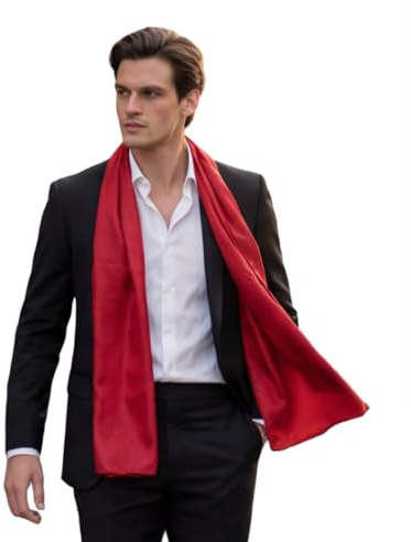 LA FERANI Bufanda para hombre, 100% seda, gasa, pañuelo de seda, 180 x 80 cm, color liso, para traje, tela azul oscuro, estola, estilo de negocios, regalo para él (Rojo)