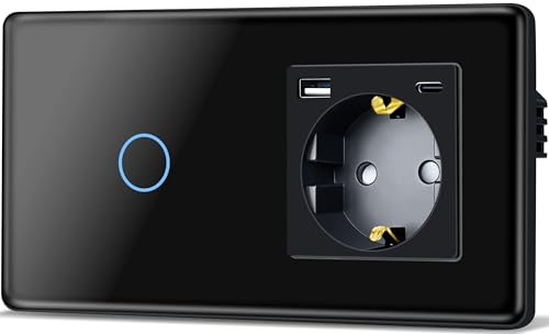TAWOIA Touch Lichtschalter mit Steckdose mit（MAX.20W) USB and Type C, EU Standard 1 Fach Steckdose 1 Fach 1 Wege Unterputz Lichtschalter mit 2.5D Curved Glas Platte 86 * 157mm Schwarz