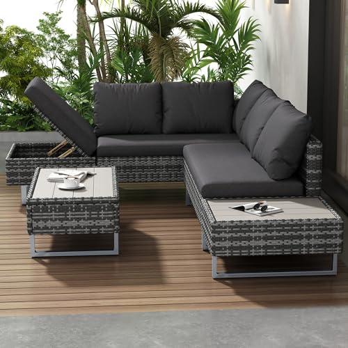 MQGPM Gartenlounge Outdoor, Gartenmöbel Set mit Ecksofa, Tisch und Auflagen, Outdoor Balkonmöbel für 4-5 Personen, Sonneninsel Terassenmöbel, für Garten und Terrasse Wiedervereinigung, Grau