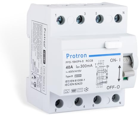 Protron FI Fehlerstromschutzschalter FI Typ B Allstromsensitiv 4P, RCCB RCD für PV Anlage Wallbox E-Auto (40A-300mA)