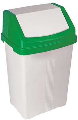 M1SS 50 Litre Swing Bin - Green & White Lid-Large Capacity Recycle Plastic Swing-Top Waste Bin Lift off lid easy emptying Rubbish Trash Refused Bins for Home Bathroom Office Made in U. K.
