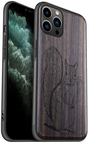 Carveit Coque en Bois pour iPhone 11 Pro Étui Protection Artistique Cover TPU Souple de téléphone Antichoc Compatible avec Apple 11 Pro Etui (Bois Sombre-Croquis d'écureuil)