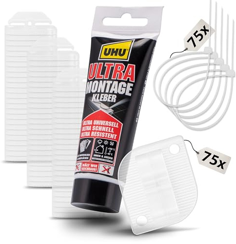 FinoPet 75x Klebehaken & 100ml UHU Montagekleben - Katzennetz Für Balkon Ohne Bohren - Ideal Für Katzensicherung - Passend Teleskopstange Balkon Katzennetz - Katzennetz Mit Stangen Option