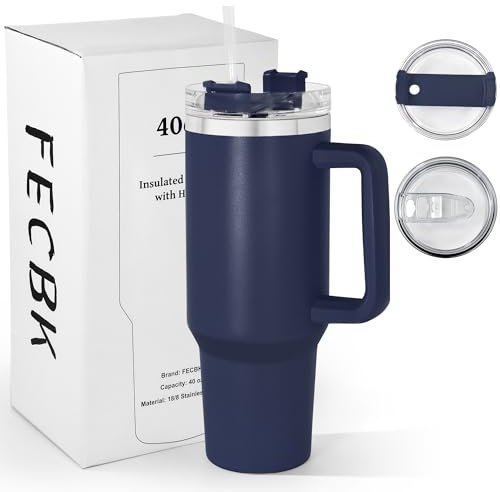 FECBK Thermobecher mit Strohhalm und Henkel 1,2L, 100% Auslaufsicherer Trinkbecher, Edelstahl Vakuumisoliert Kaffeebecher mit Griff, Hält 12 Std Heiß / 34 Std Kalt, Spülmaschinenfest, Marineblau