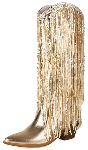 Voviggiw Kniehohe Cowboystiefel für Damen, metallische Fransen, mit Quaste, Party, Country, Konzert, Pailletten, glitzernde Westernstiefel, gold, 37.5 EU