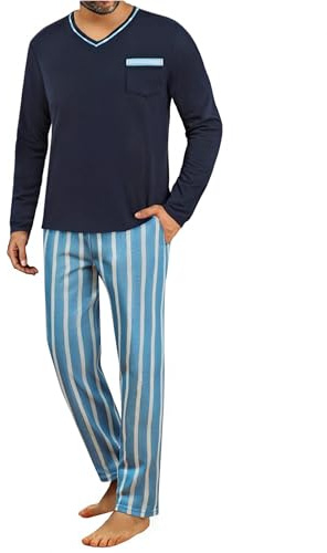 Demegimi Pijamas de Manga Larga para Hombres Invierno Conjunto de Ropa para Dormir Rayas Pijama Hombre 2 Piezas con Camiseta Manga Larga y Pantalón