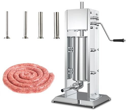 Wurstfüller, 2-Gang-manueller Wurstbereiter, Wurstbereiter aus Edelstahl mit 4 Füllrohren, Vertikale Fleischfüllung Küchenmaschine für Gewerbe und Haushalt (5L