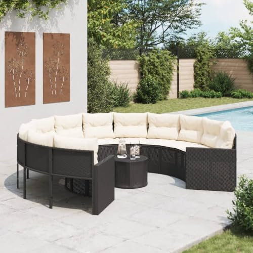 LAPOOH Gartensofa mit Tisch und Kissen Rund Schwarz Poly-Rattan, Gartenlounge, Garden Sofa, Balkonmöbel, Gartenmöbel, Loungemöbel - 3318535