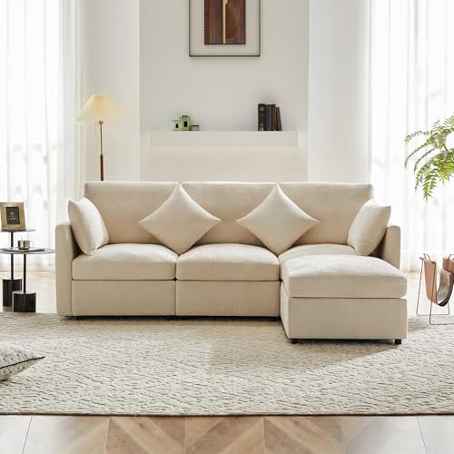 Soweiz Modernes Design, Chenille-Stoffsofa, Dreisitzer-Sofa, Viersitzer-Sofa, L-förmiges Ecksofa mit Fußhocker, geeignet für Wohnungen，216x161x81 cm (Beige)